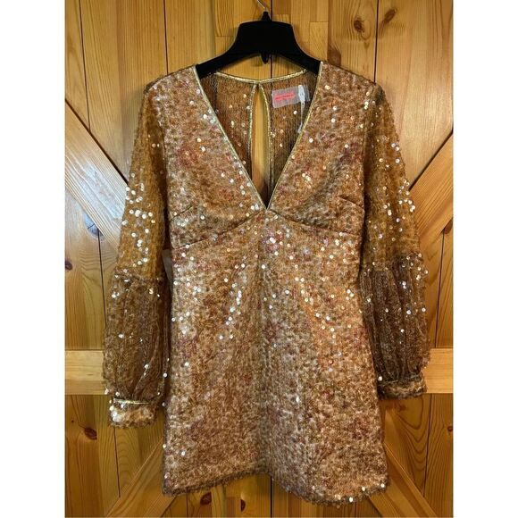 FREE PEOPLE Stars Align Mini Dress 4 Brown Golden Sequin Floral Embroidered nwt - Picture 4 of 14